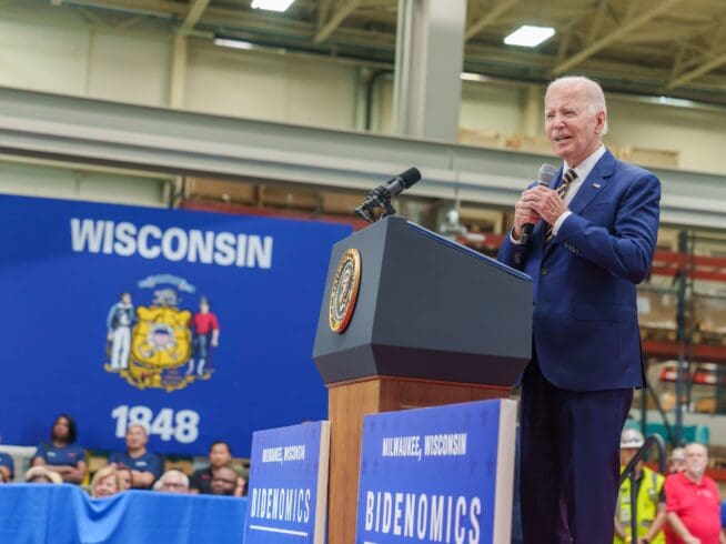 President Joe Biden delivers remarks on his “Investing in America” economic agenda and the impact of the Inflation Reduction Act on clean energy innovation and manufacturing, Tuesday, August 15, 2023, at the Ingeteam, Inc. warehouse in Milwaukee. (Official White House Photo by Adam Schultz/Wikimedia Commons)
