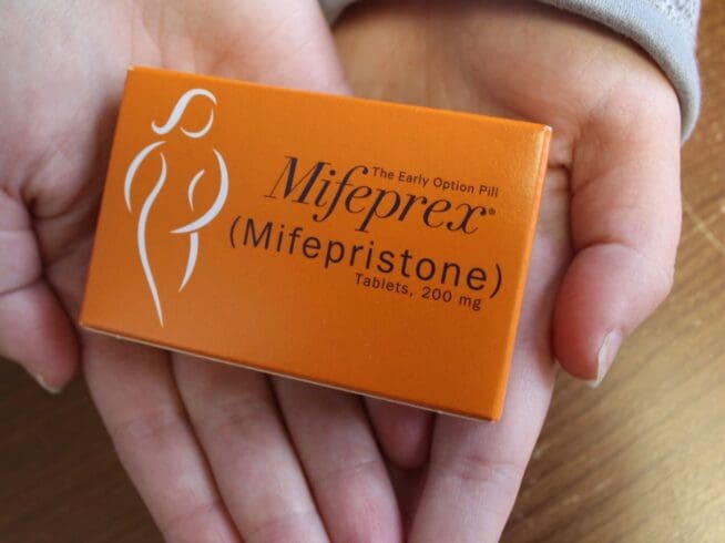 Box of Mifeprex tablets, the brand name of medication abortion drug mifepristone.