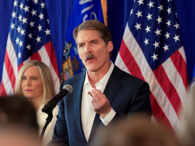 Eric Hovde, a Republican businessman and real estate mogul, announces he's for running U.S. Senate against Wisconsin Democratic incumbent Sen. Tammy Baldwin, Feb. 20, 2024, in Madison, WI.