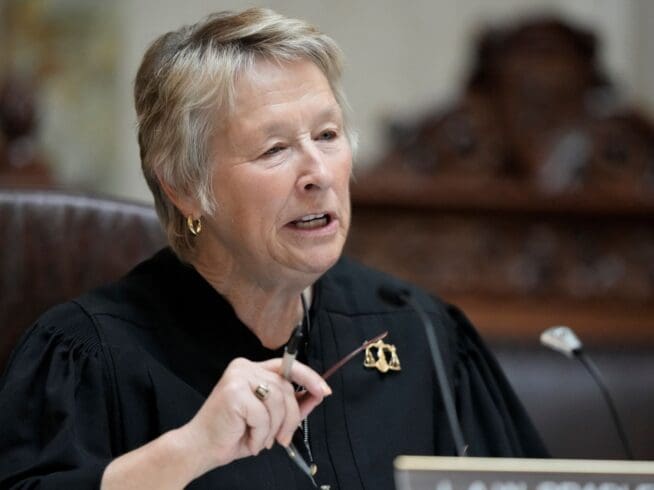 Wisconsin Supreme Court Justice Ann Walsh Bradley is seen during a public hearing, Sept. 7, 2023, in Madison, Wisconsin.
