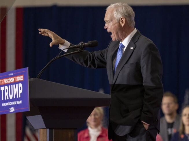 Sen. Ron Johnson, R-Wis. speaks at a rally for Republican presidential candidate former President Donald Trump on Tuesday April 2, 2024, in Green Bay, Wis. (AP Photo/Mike Roemer)