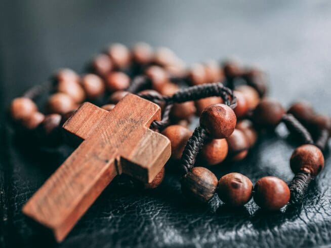 Beaded brown rosary.