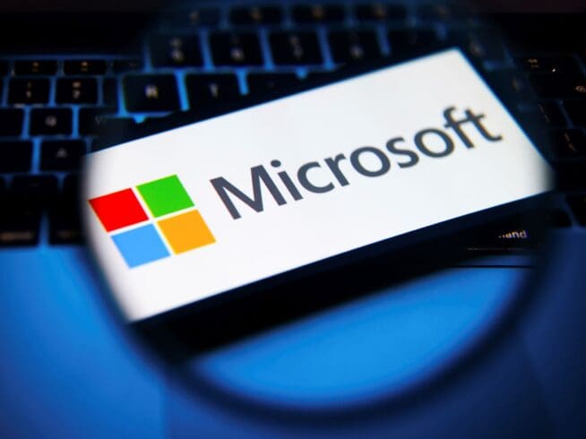 Microsoft logo is screened on a mobile phone for illustration photo. Krakow, Poland on April 9th, 2024.