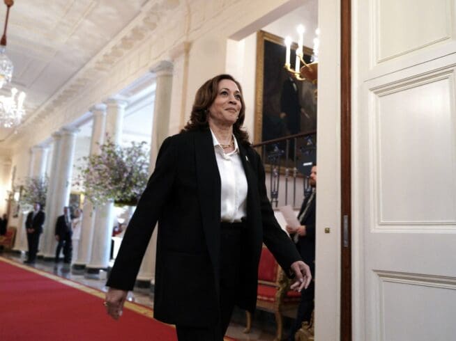 Vice President Kamala Harris arrives at the Presidential Medal of Freedom awards by President Joe Biden in the East Room at the White House in Washington on May 3, 2024. Photo by Yuri Gripas/Abaca/Sipa USA(Sipa via AP Images)