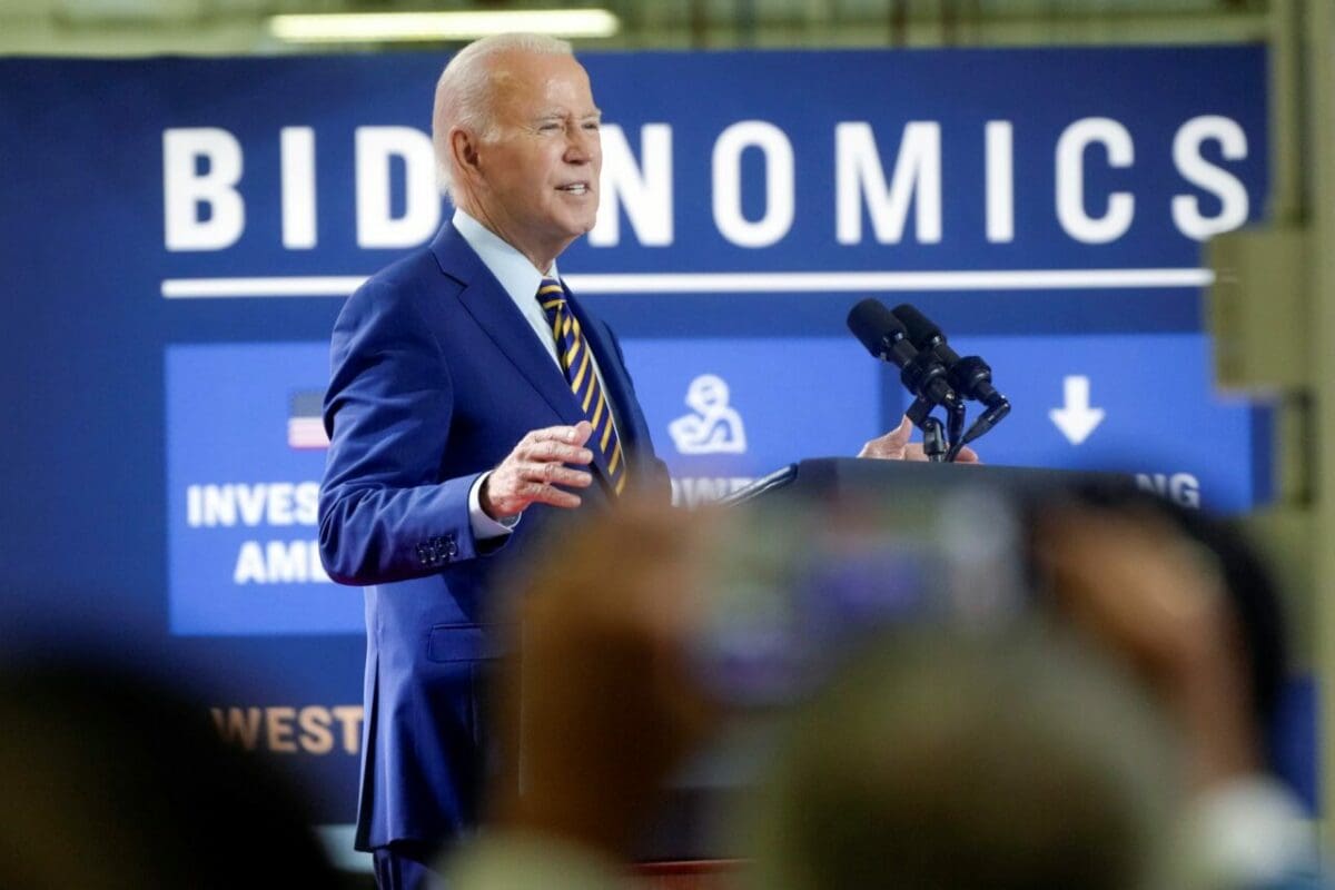 President Joe Biden speaks during a stop at a solar manufacturing company that's part of his "Bidenomics" rollout on Thursday, July 6, 2023, in West Columbia, S.C.
