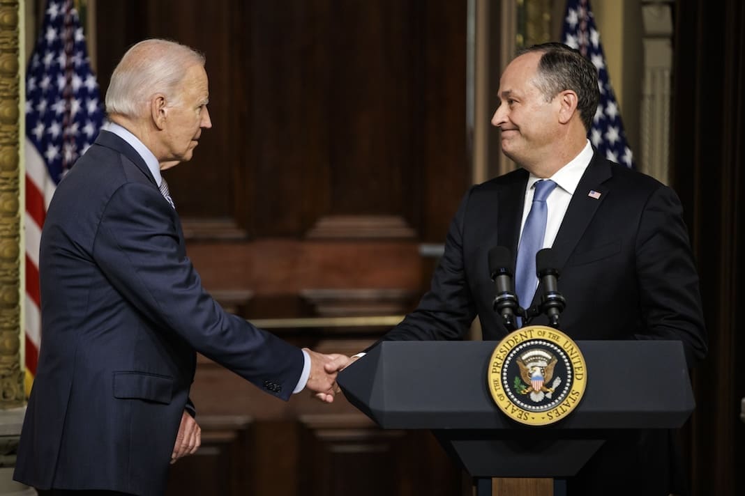 Second Gentleman Doug Emhoff introduces President Joe Biden during a roundtable discussion with leaders in the Jewish community on October 11, 2023 in Washington, D.C. (Photo by Samuel Corum/Sipa USA)(Sipa via AP Images)