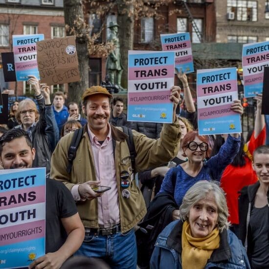 A coalition of over 50 LGBTQ rights organizations and New York Elected Officials held an emergency rally to oppose Trump attack on Trans Students at the Stonewall National Monument in New York City, on February 23, 2017; participating trans speakers and Government Officials made it clear that they will fight to keep protections for trans and gender non-conforming people and students in the aftermath of the Trump-Pence Administration rescinding important protections for transgender students in schools. (Photo by Erik McGregor) (Sipa via AP Images)