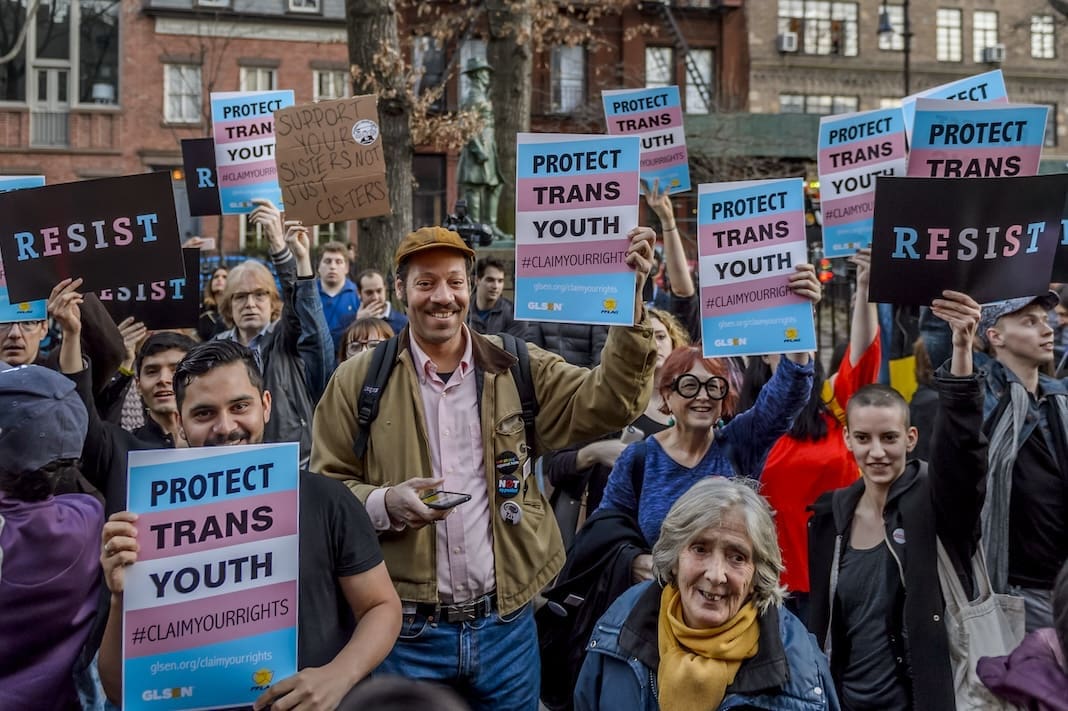 A coalition of over 50 LGBTQ rights organizations and New York Elected Officials held an emergency rally to oppose Trump attack on Trans Students at the Stonewall National Monument in New York City, on February 23, 2017; participating trans speakers and Government Officials made it clear that they will fight to keep protections for trans and gender non-conforming people and students in the aftermath of the Trump-Pence Administration rescinding important protections for transgender students in schools. (Photo by Erik McGregor) (Sipa via AP Images)