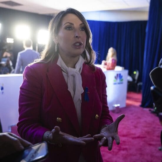 Republican National Committee Chair Ronna McDaniel speaks with journalists in the spin room after the third 2024 Republican presidential primary debate at the Adrienne Arsht Center for the Performing Arts in Miami, Fla., Nov. 8, 2023. (Francis Chung/POLITICO via AP Images)