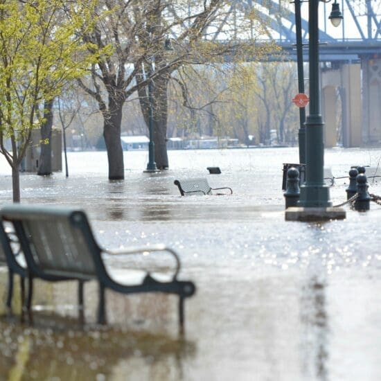 Floodwaters encroach on Riverside Park in La Crosse, W.I., Wednesday, April 26, 2023.