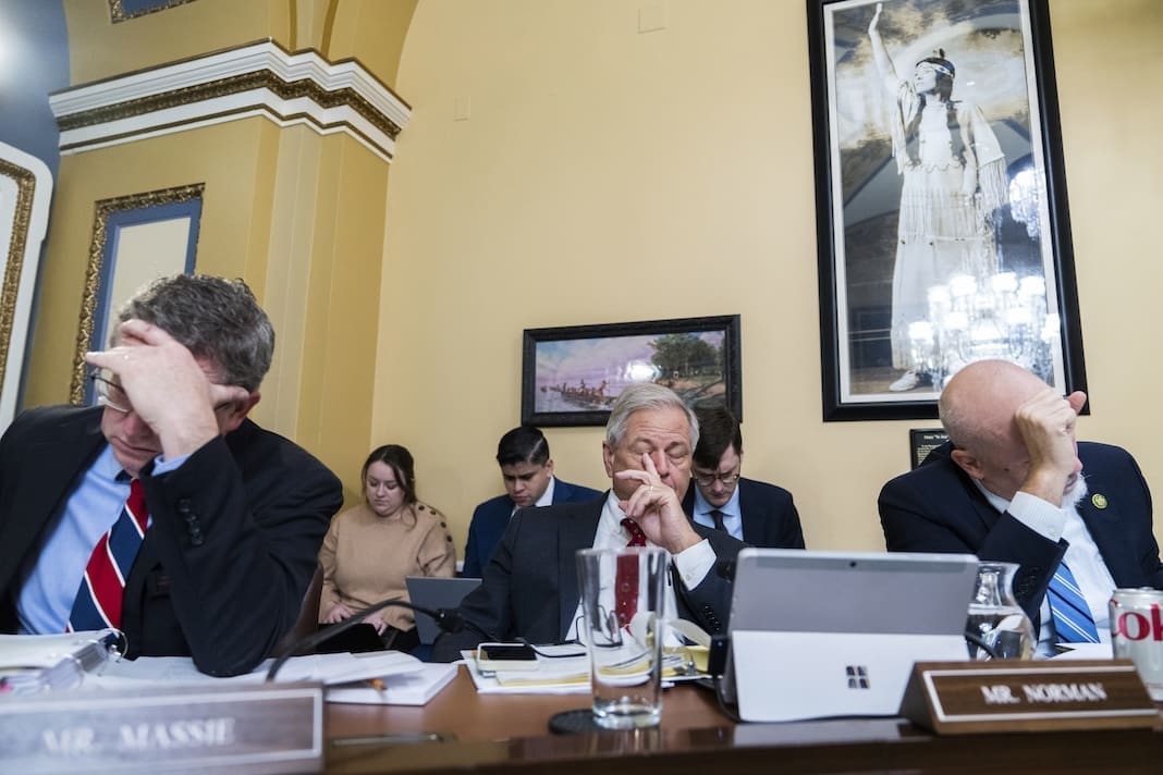 From left, Reps. Thomas Massie, R-Ky., Ralph Norman, R-S.C., and Chip Roy, R-Texas, attend the House Rules Committee hearing on the impeachment inquiry of President Joe Biden in the U.S. Capitol on Tuesday, December 12, 2023. (Tom Williams/CQ Roll Call via AP Images)