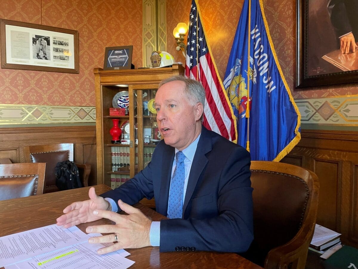 Wisconsin Assembly Speaker Robin Vos speaks during an interview with The Associated Press at the state Capitol in Madison, Wis., on Wednesday, Dec. 20, 2023.
