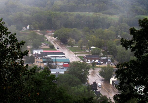 In this Tuesday, Sept. 18, 2018 photo, a scenic overlook along Highway 171 provides a view of downtown Gays Mills, Wis., which has a long history of flooding from the Kickapoo River.